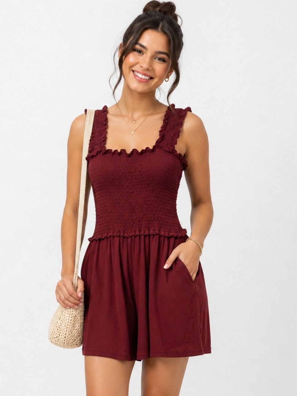 Smocked Square-Neck Romper in Deep Burgundy short jumpsuit size M NWT